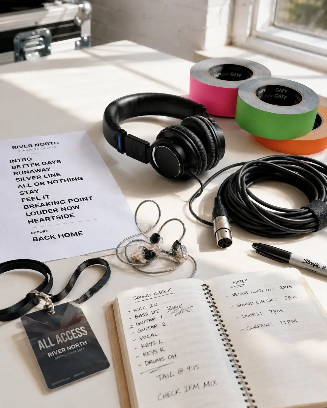 Live-show production planning with a set list, soundcheck notes, headphones, cables, and gaffer tape